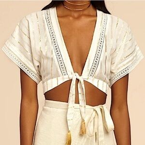 Miguelina Saanchi Cropped Striped Metallic Cotton Gauze Tie Front Tassel Top